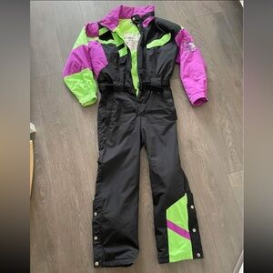 Vintage FILA Ski Suit snow onesie in Black, Green, and Pink